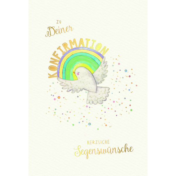 Konfirmation Glückwunschkarte mit Umschlag Skorpion´s Art Taube, Regenbogen, Naturkarton, mit Goldfolie und Blindprägung
