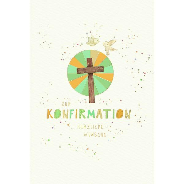 Konfirmation Glückwunschkarte mit Umschlag Skorpion´s Art Kreuz, Vögel, Naturkarton, mit Goldfolie und Blindprägung