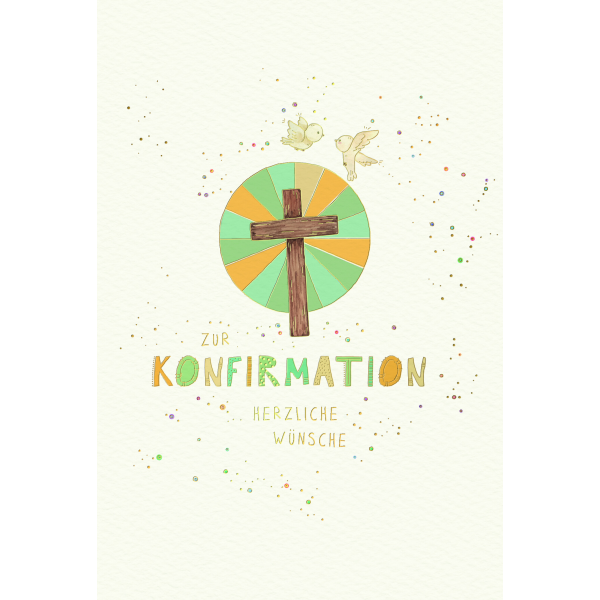 Konfirmation Glückwunschkarte mit Umschlag Skorpion´s Art Kreuz, Vögel, Naturkarton, mit Goldfolie und Blindprägung