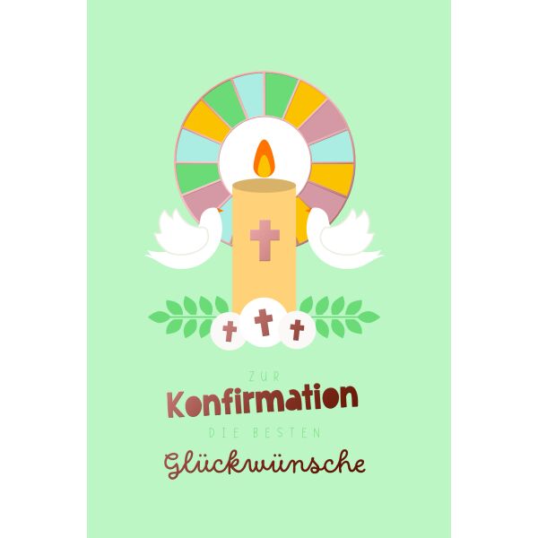Konfirmation Glückwunschkarte mit Umschlag Brennende Kerze, Tauben, mit roségoldener Metallicfolie