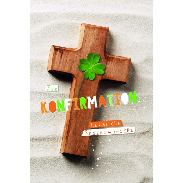 Konfirmation Glückwunschkarte mit Umschlag Vierblättriges Kleeblatt auf Holzkreuz