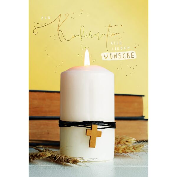 Konfirmation Glückwunschkarte mit Umschlag Brennende Kerze mit Kreuz, mit Goldfolie