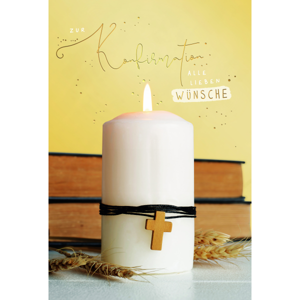 Konfirmation Glückwunschkarte mit Umschlag Brennende Kerze mit Kreuz, mit Goldfolie