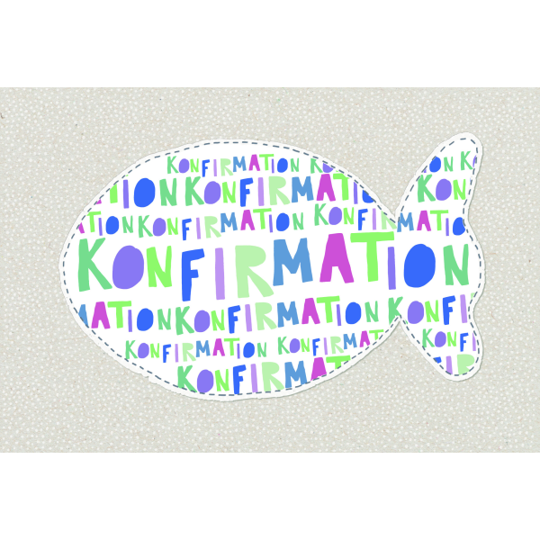 Konfirmation in bunten Buchstaben in Fisch Glückwunschkarte mit Umschlag