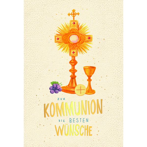 Kommunion Glückwunschkarte mit Umschlag Green Line unverpackt Kreuz, Kelch, Weintrauben, Zuckerrohrpapier, mit Goldfolie