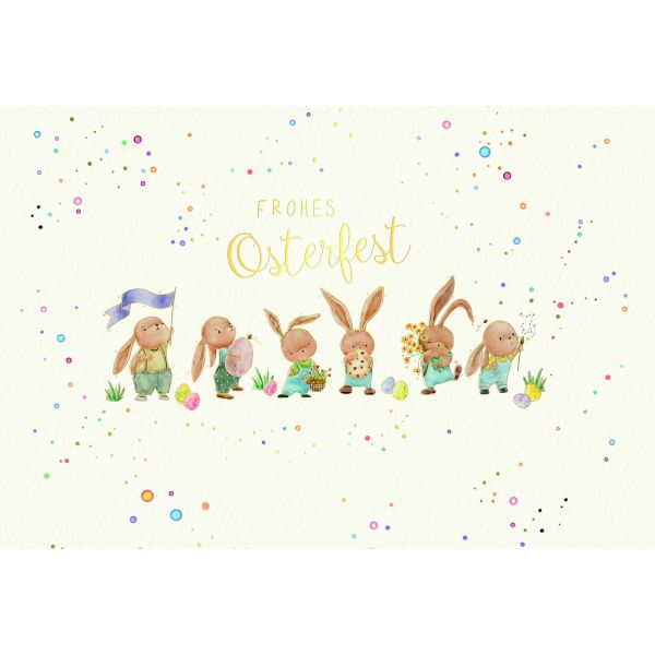 Ostern Grußkarte Doppelkarte mit Briefumschlag Skorpion´s Art Hasen, Ostereier, Naturkarton, mit Goldfolie und Blindprägung