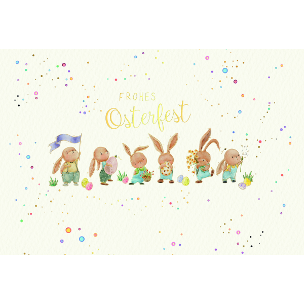 Ostern Grußkarte Doppelkarte mit Briefumschlag Skorpion´s Art Hasen, Ostereier, Naturkarton, mit Goldfolie und Blindprägung