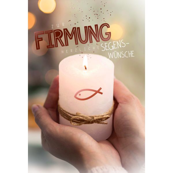 Firmung Glückwunschkarte mit Briefumschlag Brennende Kerze in Händen, mit roségoldener Metallicfolie