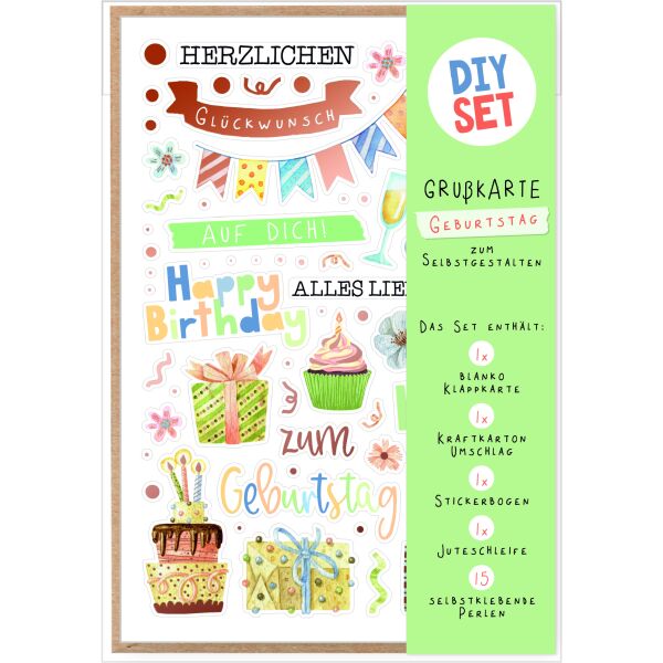 Geburtstag DIY Set Happy Birthday Symbole grün Bastelkarte mit Umschlag zu Selbergestalten