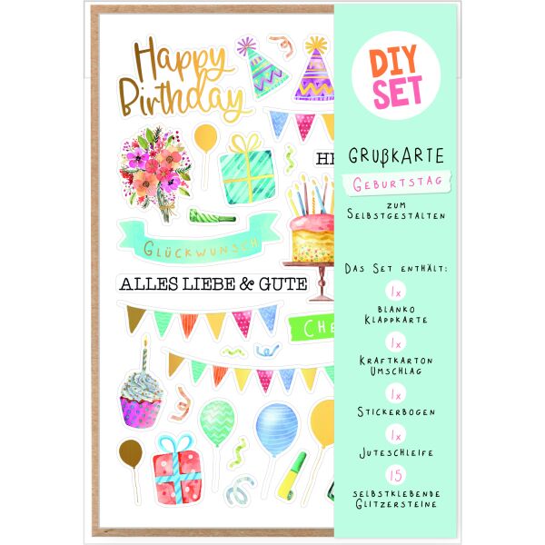 Geburtstag DIY Set Happy Birthday Symbole blau Bastelkarte mit Umschlag zu Selbergestalten