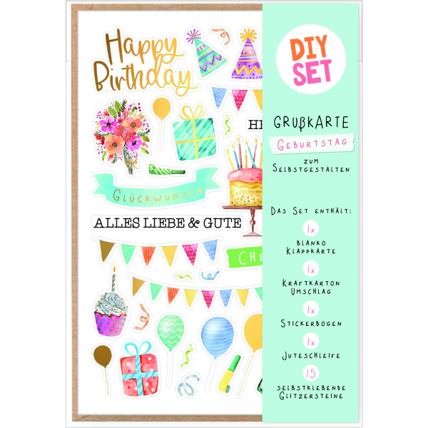 Geburtstag DIY Set Happy Birthday Symbole blau Bastelkarte mit Umschlag zu Selbergestalten