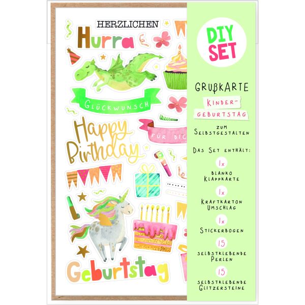 Kindergeburtstag DIY Set Happy Birthday Symbole grün Bastelkarte mit Umschlag zu Selbergestalten