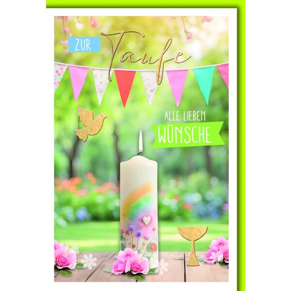Taufe Kerze mit Wimpelkette besten Wünsche Glückwunschkarte mit Umschlag