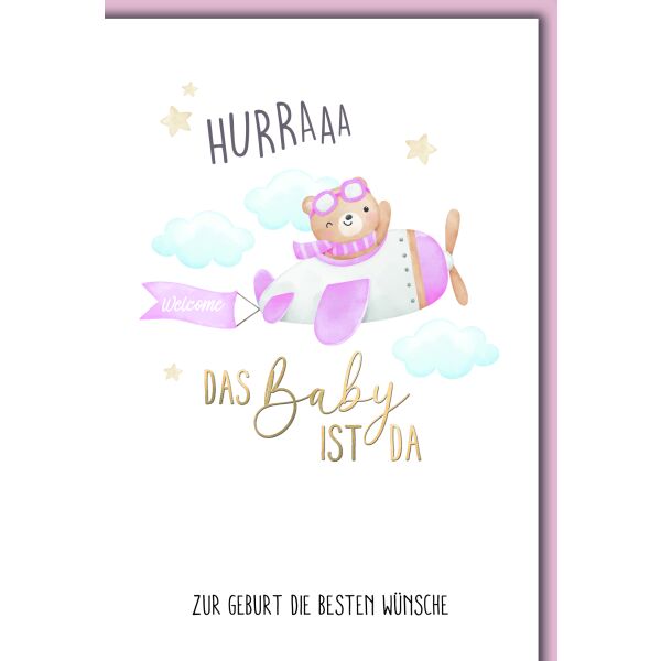 Baby Bär in Propellermaschine rosa Geburt Mädchen Glückwunschkarte mit Umschlag