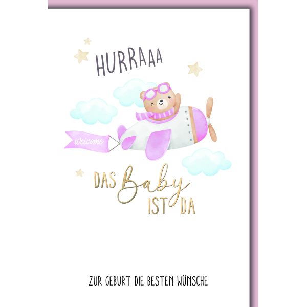 Baby Bär in Propellermaschine rosa Geburt Mädchen Glückwunschkarte mit Umschlag