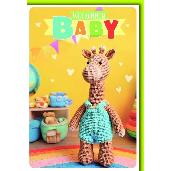 Baby gestrickte Giraffe stehend Geburt Willkommen Glückwunschkarte mit Umschlag