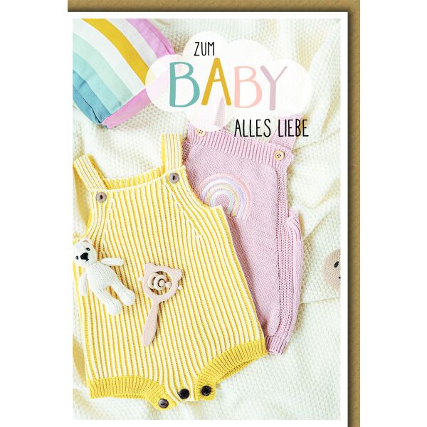 Baby Strampler gelb und rosa Geburt alles Liebe Glückwunschkarte mit Umschlag