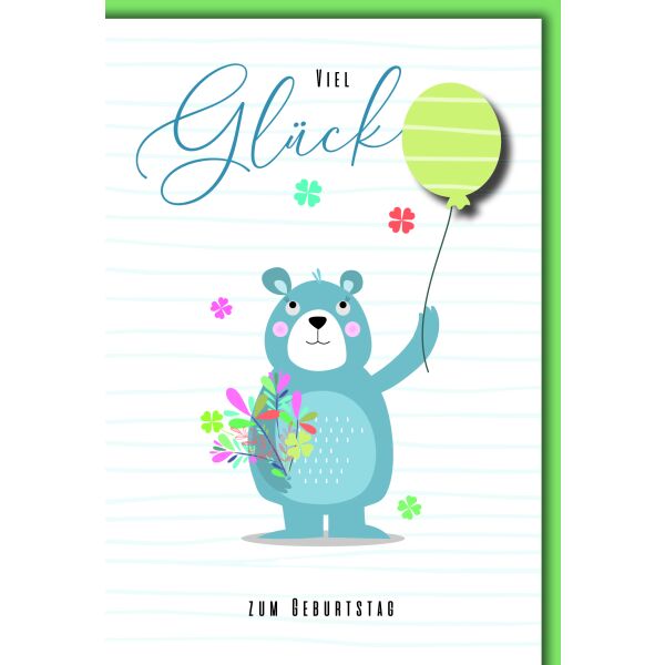 Geburtstag Bär mit Blumen und Luftballon viel Glück Glückwunschkarte mit Umschlag