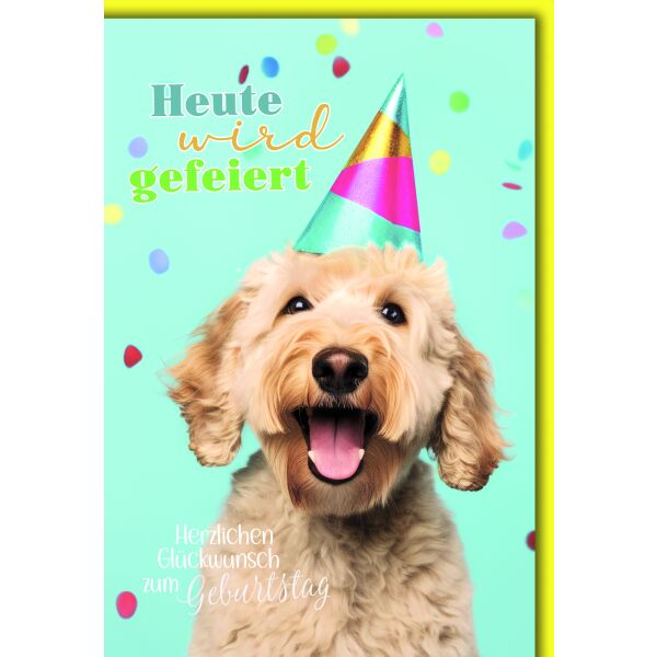 Geburtstag Hund mit Partyhütchen Heuet wird gefeiert Glückwunschkarte mit Umschlag