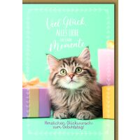 Geburtstag Katze zwischen Geschenken Glück Liebe...