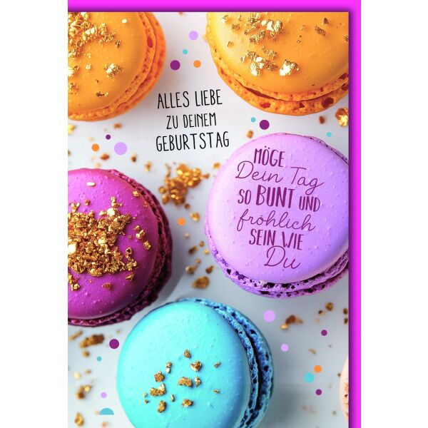 Geburtstag Makarons mit Goldstaub Tag bunt und fröhlich Glückwunschkarte mit Umschlag