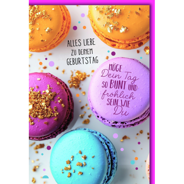 Geburtstag Makarons mit Goldstaub Tag bunt und fröhlich Glückwunschkarte mit Umschlag