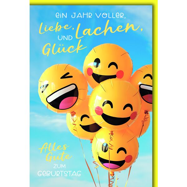 Geburtstag Smileyluftballons Jahr voller Liebe Lachen Glück Glückwunschkarte mit Umschlag