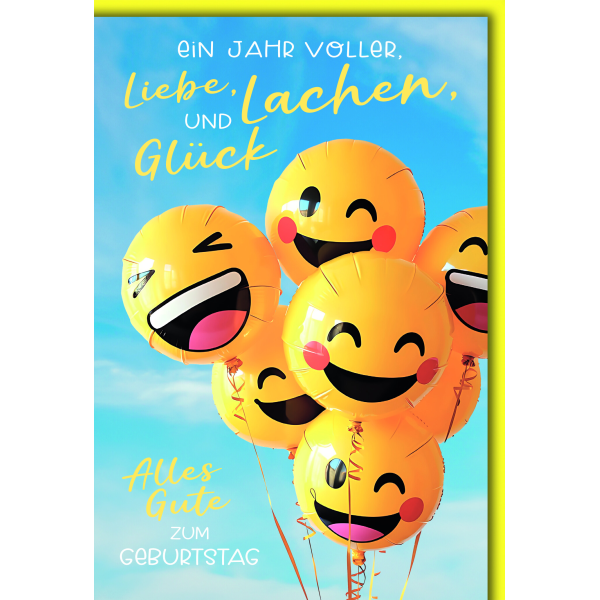 Geburtstag Smileyluftballons Jahr voller Liebe Lachen Glück Glückwunschkarte mit Umschlag