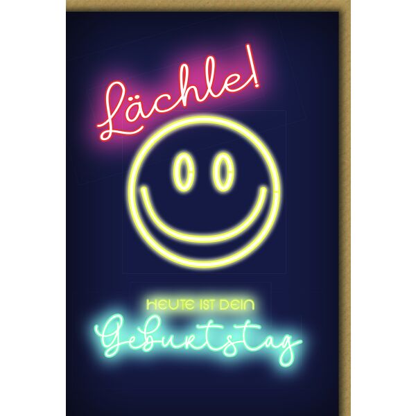 Geburtstag Neon-Smiley auf schwarz Lächle Glückwunschkarte mit Umschlag