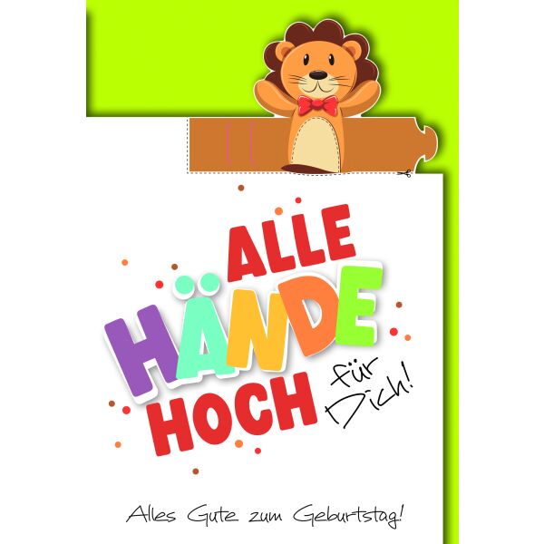 Kindergeburtstag Fingerpuppe Löwe Alle Hände hoch Glückwunschkarte mit Umschlag