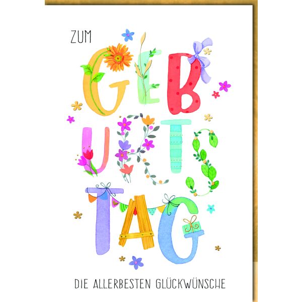 Geburtstag A4 Schrift bunt mit Blumen allerbesten Glückwünsche Große DIN-A4-Karte mit Umschlag XXL-Karte
