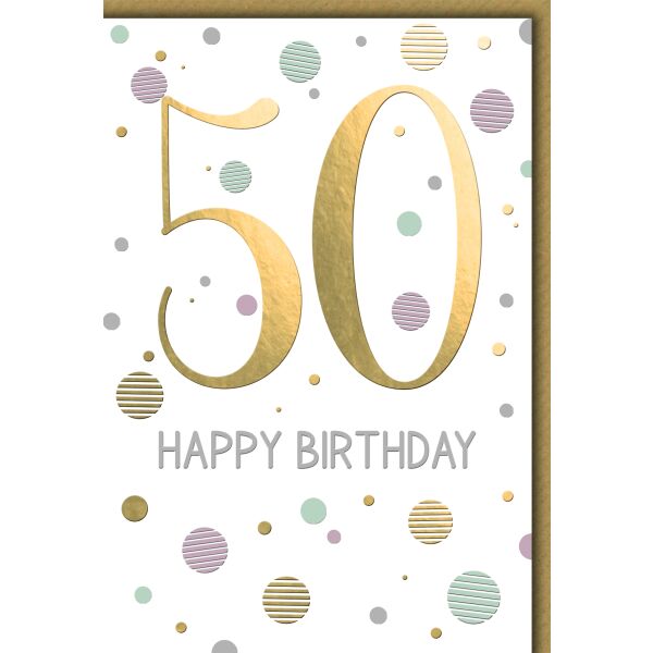 50. Geburtstag Zahl gold und Punkte Happy Birthday Glückwunschkarte mit Umschlag