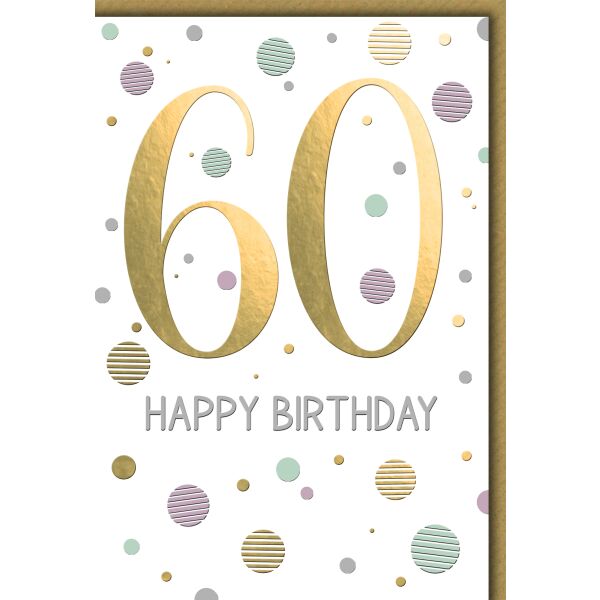 60. Geburtstag Zahl gold und Punkte Happy Birthday Glückwunschkarte mit Umschlag
