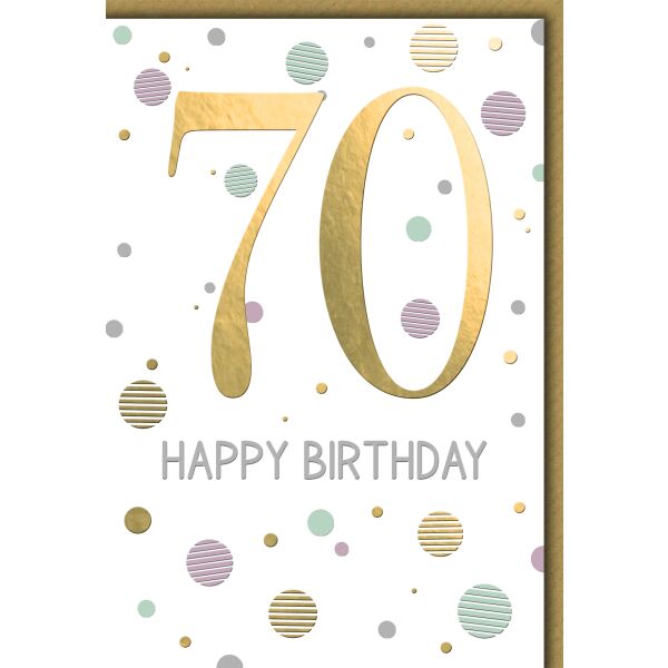 70. Geburtstag Zahl gold und Punkte Happy Birthday Glückwunschkarte mit Umschlag