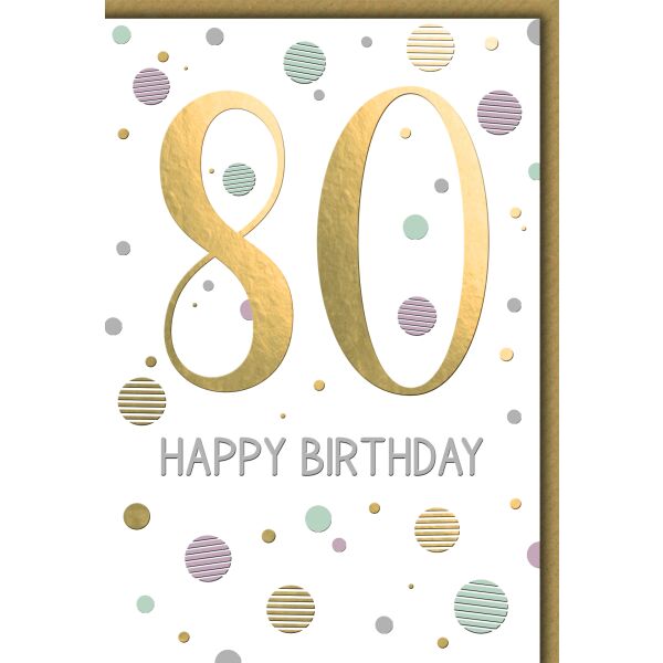 80. Geburtstag Zahl gold und Punkte Happy Birthday Glückwunschkarte mit Umschlag