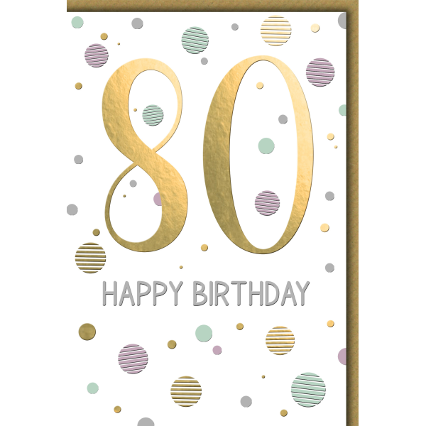 80. Geburtstag Zahl gold und Punkte Happy Birthday Glückwunschkarte mit Umschlag