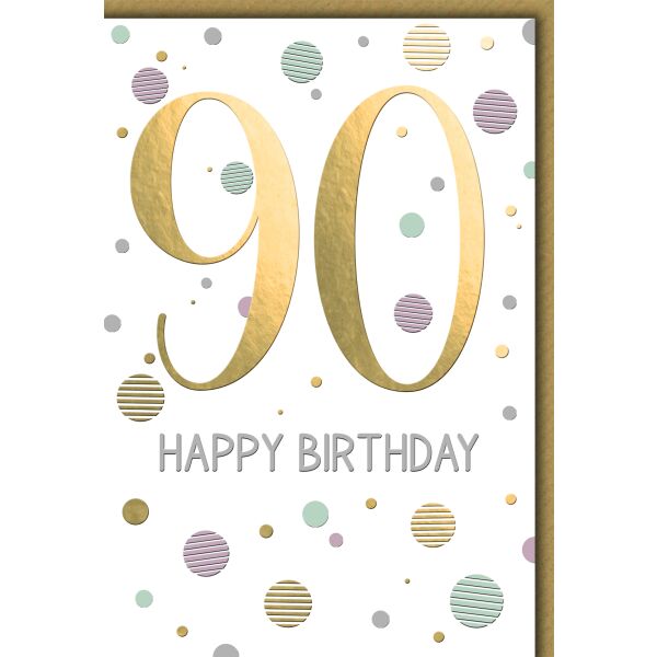 90. Geburtstag Zahl gold und Punkte Happy Birthday Glückwunschkarte mit Umschlag