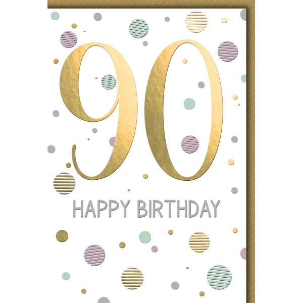 90. Geburtstag Zahl gold und Punkte Happy Birthday Glückwunschkarte mit Umschlag