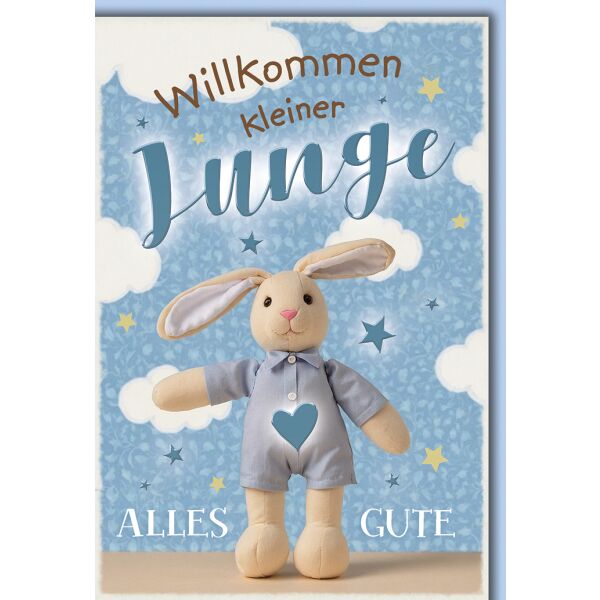 Baby Hase Herz blau Geburt Junge Willkommen Glückwunschkarte mit Umschlag
