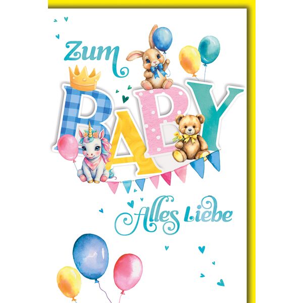 Baby Tiere mit Luftballons Geburt alles Liebe Glückwunschkarte mit Umschlag