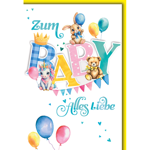 Baby Tiere mit Luftballons Geburt alles Liebe Glückwunschkarte mit Umschlag