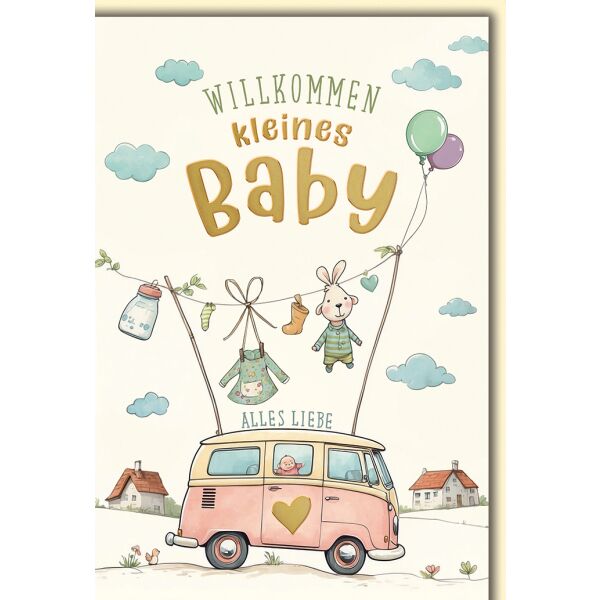 Baby Camper mit Babysachen an der Leine Geburt Willkommen Glückwunschkarte mit Umschlag
