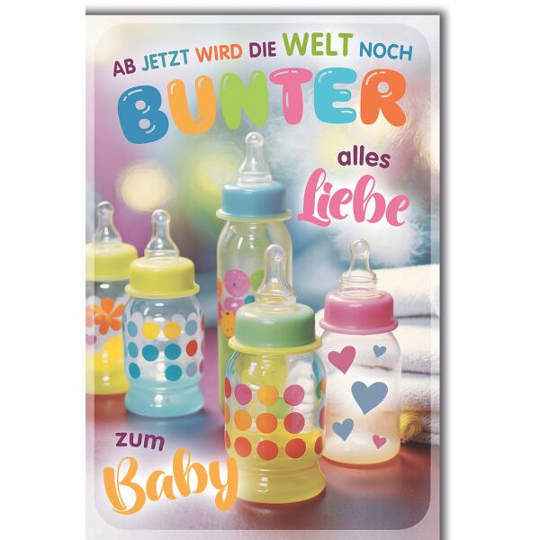 Baby Nuckelfläschchen Geburt Welt wird bunter Glückwunschkarte mit Umschlag