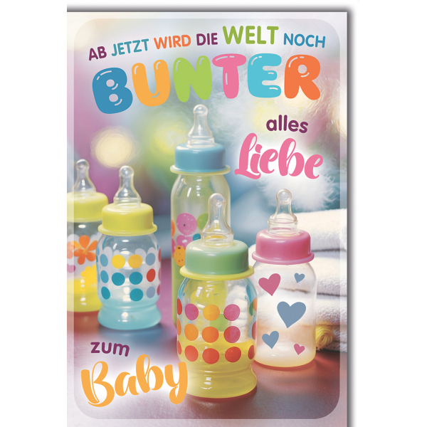 Baby Nuckelfläschchen Geburt Welt wird bunter Glückwunschkarte mit Umschlag