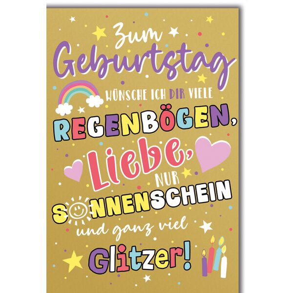 Geburtstag Regenbögen Liebe Sonnenschein Glitzer Glückwunschkarte mit Umschlag