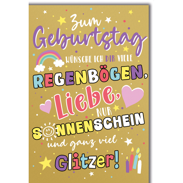 Geburtstag Regenbögen Liebe Sonnenschein Glitzer Glückwunschkarte mit Umschlag