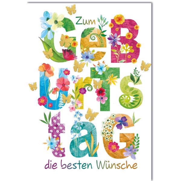 Geburtstag Schrift bunt mit Blüten die besten Wünsche Große DIN A4-Karte mit Umschlag XXL-Karte