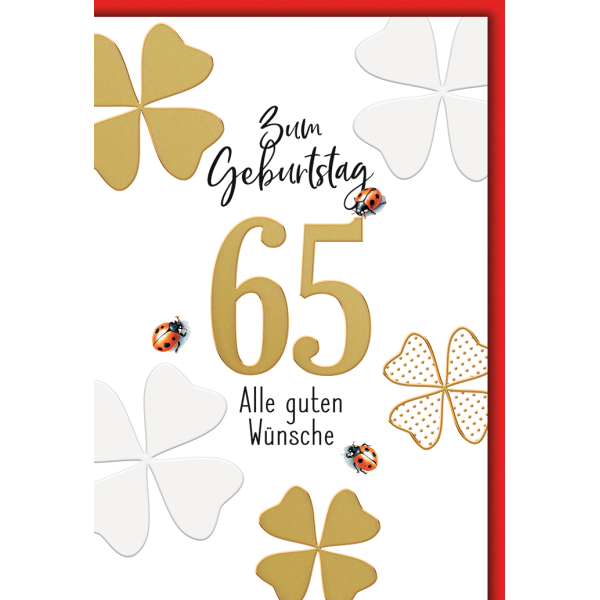 65. Geburtstag Glücksklee und Käfer alle guten Wünsche nur online Glückwunschkarte mit Umschlag