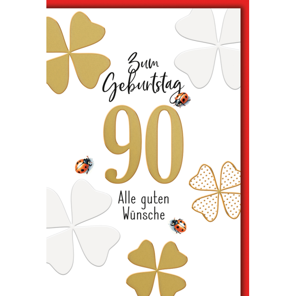 90. Geburtstag Glücksklee und Käfer alle guten Wünsche Glückwunschkarte mit Umschlag