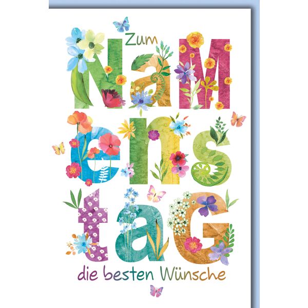 Namenstag Bunte Schrift mit Blüten besten Wünsche Glückwunschkarte mit Umschlag